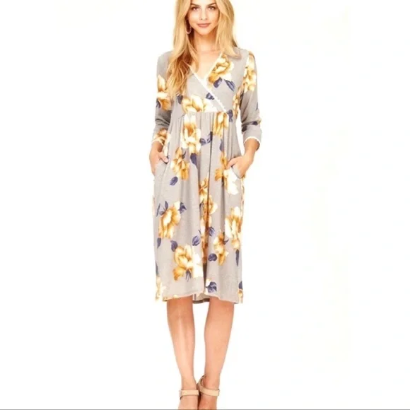hailey & co | Dresses | Sweater Midi Dress Empire Waist Faux Wrap Grey Floral 34 Sleeve S | Poshmark hailey & co | Dresses | Sweater Midi Dress Empire Waist Faux Wrap Grey Floral 34 Sleeve S | Poshmark